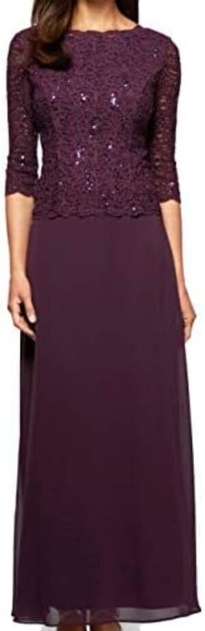 Alex Evenings Women’s 3/4 Sleeve Stretch Lace Bodice Mock One Piece Gown