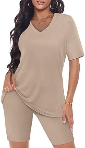 AGSEEM 2 Piece Outfits For Women V Neck T-Shirt Tops And Biker Shorts Sets Tracksuit