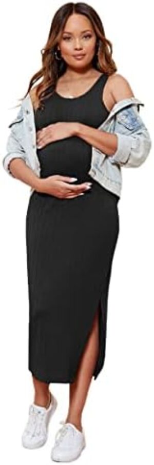 Romwe Women’s Maternity Rib Knit Split Side Sleeveless Bodycon Tank Pencil Dress