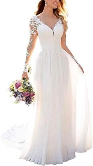 Clothfun Women’s Lace Mermaid Beach Wedding Dresses for Bride 2023 with Sleeves Bridal Gowns Long