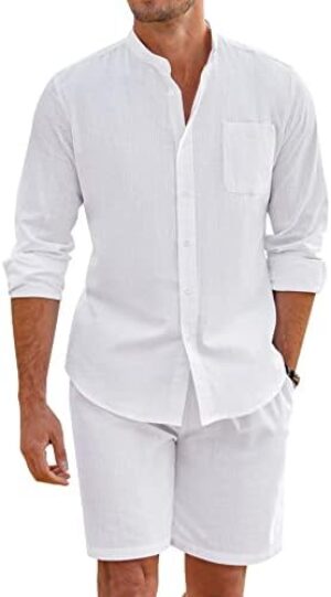 COOFANDY Linen Sets For Men 2 Piece Button Down Shirt Long Sleeve And Casual Beach Drawstring Waist Shorts Summer Outfits