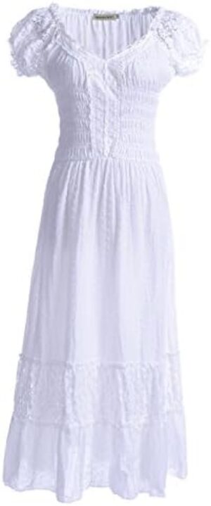 Anna-Kaci Renaissance Peasant Maiden Boho Inspired Cap Sleeve Lace Trim Dress