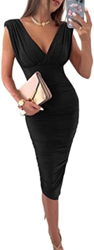 LYANER Women’s Sleeveless Deep V Neck Ruched Wrap Bodycon Cocktail Midi Dress