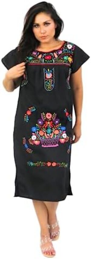 Leos Imports Traditional Mexican Tehuacan Embroidered Women’s Summer Floral Dress for Fiestas, Casual, Cultural & Weddings