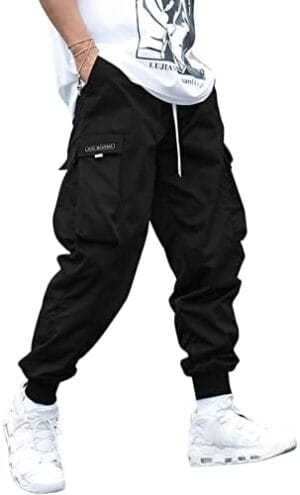 Romwe Men’s Flap Pocket Drawstring Elastic Waist Letter Graphic Street Cargo Pants