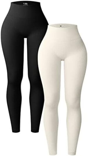 OQQ Women’s 2 Piece Yoga Leggings Ribbed Seamless Workout High Waist Athletic Pants