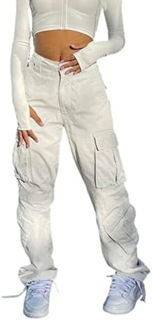 Women’s Y2K High Rise Baggy Straight Leg Cargo Pants Streetwear Casual Boyfriend Trousers with Pockets