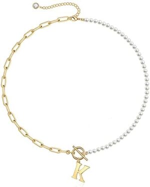 Gold Initial Pearl Necklace for Women, 14K Gold Plated Paperclip Link Chain Necklace Choker Toggle Clasp Necklace Dainty Pearl Chain Necklace Initial Pendant Necklaces for Women Gold Jewelry Gifts