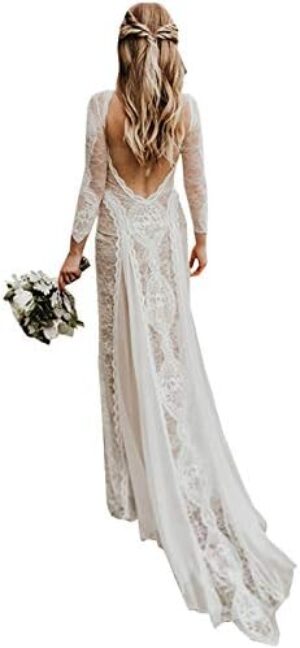 Women’s Beach Wedding Dresses for Bride 2022 Vintage Long Sleeves Lace Bohemian Bridal Gown