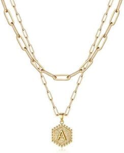 M MOOHAM Dainty Layered Initial Necklaces for Women Trendy, 14K Real Gold Plated Paperclip Chain Necklace Cute Hexagon Letter Pendant Initial Choker Necklace Gold Layered Necklaces for Women
