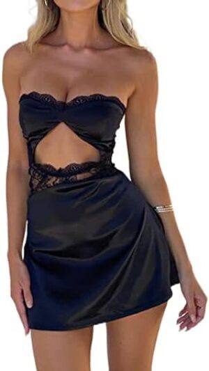 Women Y2k Lace Trim Mini Dress Sexy Spaghetti Strap Backless Short Dress Low Cut Bodycon Sundress Streetwear