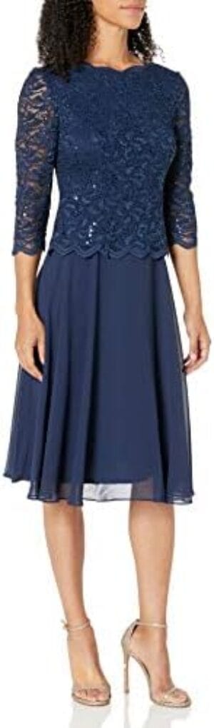 Alex Evenings Women’s Tea Length Sequin Mock Dress (Petite and Regular)