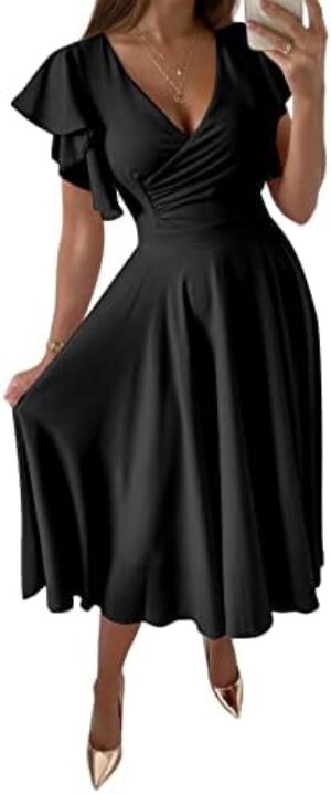 LYANER Women’s Warp V Neck Ruffle Short Sleeve A Line Swing Flared Cocktail Party Midi Dress