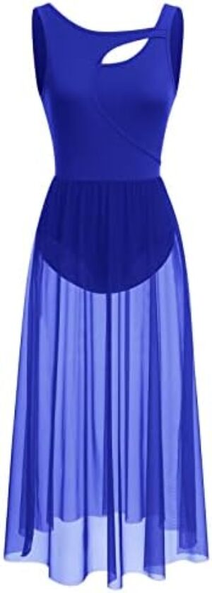 ODASDO Lyrical Dance Costumes for Women Contemporary Dancewear Sleeveless Cut Out Front Mesh Tulle Maxi Dress XS-XL