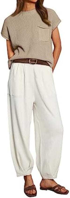 LILLUSORY 2 Piece Outfits For Women Trendy Lounge Sets Cozy Knit Sweater Short Sleeve Fashion Loungewear Set