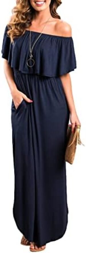Womens Off The Shoulder Ruffle Party Dresses Side Split Beach Maxi Dress
