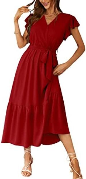 PRETTYGARDEN Women’s 2023 Floral Summer Dress Wrap V Neck Short Sleeve Belted Ruffle Hem A-Line Bohemian Maxi Dresses