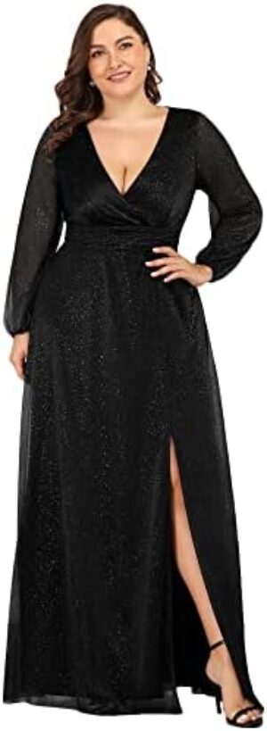 Ever-Pretty Women’s Plus Size Slit V-Neck Sparkle Evening Party Dresses with Sleeves 0739-PZ