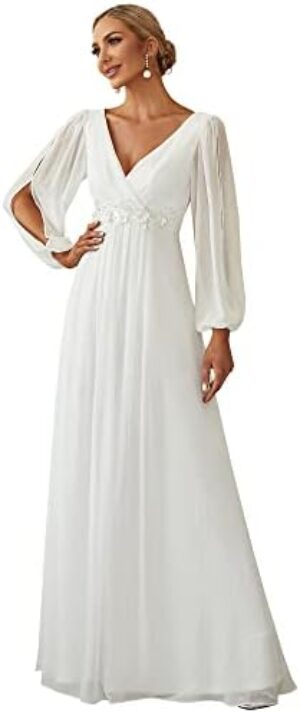 Ever-Pretty Women’s Elegant V-Neck Long Sleeve A-line Chiffon Floor Length Mother of The Bride Dress 0461-USA
