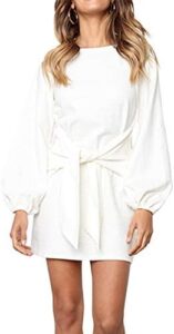 PRETTYGARDEN Women’s Elegant Long Lantern Sleeve Short Dress Crewneck Tie Waist Knit Cocktail Dress