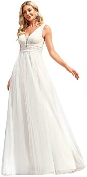 Ever-Pretty Women’s Maxi Sleeveless Double V-Neck Lace A-Line Ruched Tulle Wedding Dresses 0096A