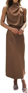 BTFBM Women’s Sleeveless Cocktail Dresses Mock Neck Keyhole Elastic High Waist Wedding Guest Evening Party Maxi Dress