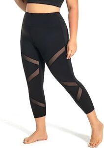 Plus Size Leggings, Black Mesh Yoga Pants for Women with Pockets High Waisted Tummy Control & Squat Proof Workout Leggings