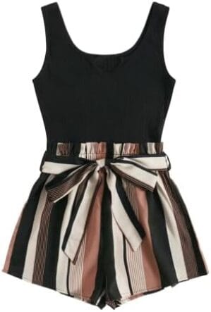 [gpt3]rewrite this title SOLY HUX Women’s Summer Sleeveless Striped Belted Tank Romper Short Jumpsuit[/gpt