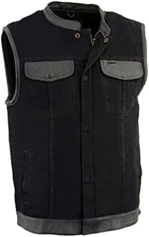 Milwaukee Leather MDM3010 Men’s Black Denim Club Vest with Leather Trim and Hidden Zipper
