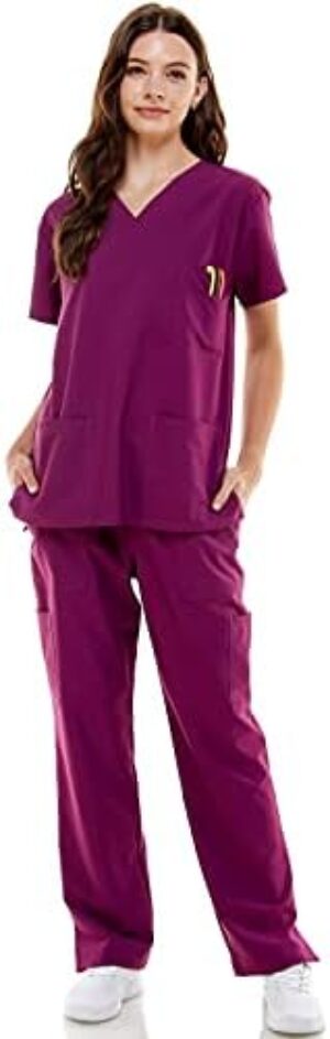 MEDPIA Women’s Medical Uniform Set – 4 Way Stretch Lightweight 8 Pockets V-Neck Top Drawstring Elastic Waist Pants Nursing Purple XS
