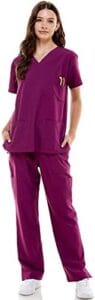 MEDPIA Women’s Medical Uniform Set – 4 Way Stretch Lightweight 8 Pockets V-Neck Top Drawstring Elastic Waist Pants Nursing Purple XS