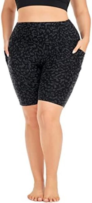 MOREFEEL Plus Size 8″ Biker Shorts with Pockets for Women – High Waisted Tummy Control Black Yoga Shorts (XL-4XL)