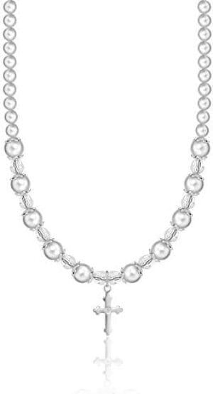 Luxury Sterling Silver Cross Charm Christening Toddler Necklace with White European Simulated Pearls and Crystals(NBCCR)