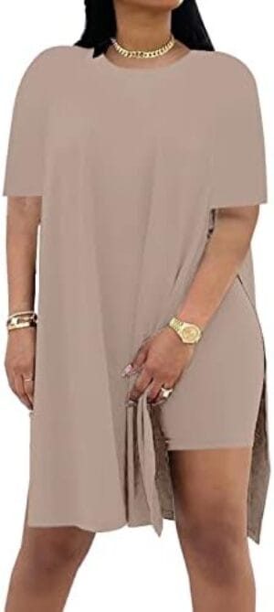 AXOSY Women Plus Size 2 Piece Outfits Short Sleeve Tunic Tops and Skinny Biker Shorts Sets Tracksuits