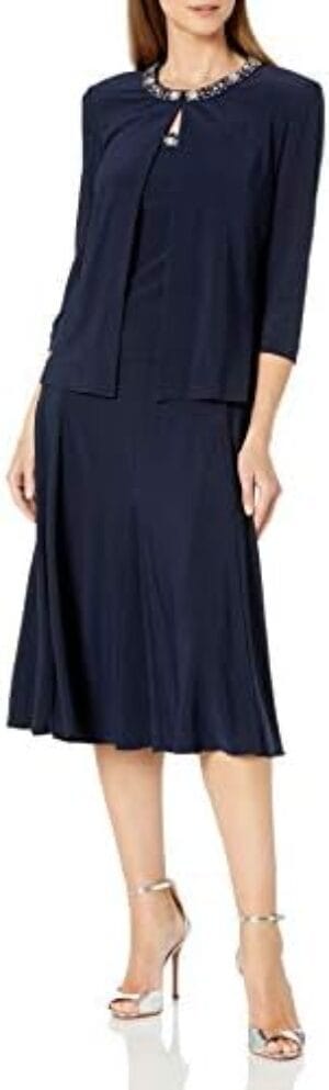 Alex Evenings Women’s 2 Piece Tea Length Jacket Dress with Sequin Beaded Trim