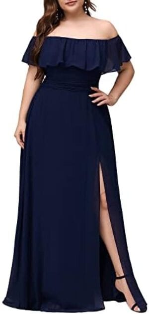 Ever-Pretty Women’s Plus Size Off Shoulder Ruffle Sleeves Side Split Chiffon Floor Length Formal Dress 0968-PZUSA