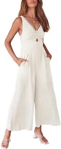 ANRABESS Women’s Summer Wide leg Jumpsuits V Neck Smocked Cutout High Waist Thick adjustable straps Rompers