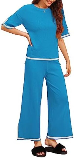 SuperPrity Women Sweater Set 2 or 3 Piece Outfits Short/Long Sleeve Knit Pullover Tops High Waist Wide Leg Pants Lounge Sets