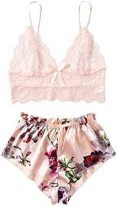 WDIRARA Women’s 2Pcs Floral Lace Cami Top with Shorts Sleepwear Pajama Set