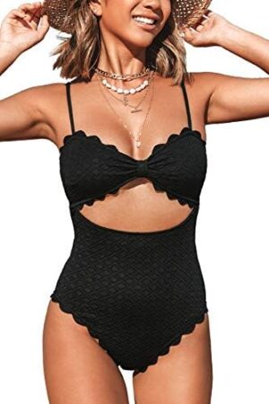 CUPSHE Women’s One Piece Swimsuit Sexy Black Cutout Scallop Trim Bathing Suit