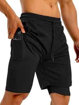 KLINNFENR Mens 2 in 1 Gym Running Shorts 7 inch Athletic Workout Clothes for Men Quick-Dry Shorts with Zipper Pockets