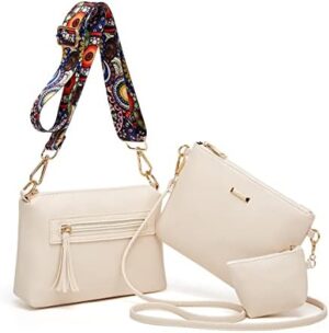 Crossbody Bags for Women, 3 Pcs Set Leather Purses with Wide Straps, Fashion Small Shoulder Handbag Purses & Wallet Gift