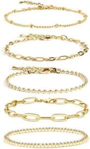 CONRAN KREMIX Gold Chain Bracelet Sets for Women Girls 14K Gold Plated Dainty Link Paperclip Bracelets Stake Adjustable Layered Metal Link Bracelet Set Fashion Jewelry