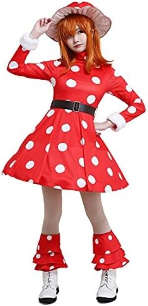 miccostumes Women’s Anime Hero Cosplay Costume Red Mushroom Turtleneck Dress Outfit with Hat