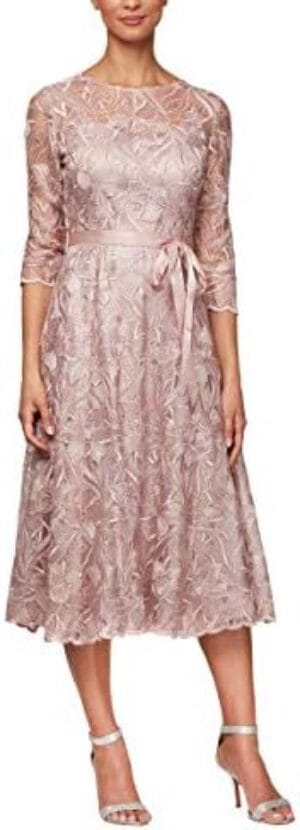 Alex Evenings Women’s Tea Length Embroidered Dress Illusion Sleeves (Petite Missy)