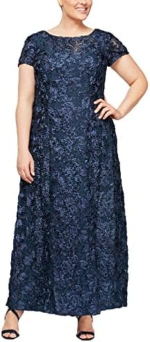 Alex Evenings Women’s Plus Size Short Sleeve Long A-line Rosette Lace Dress