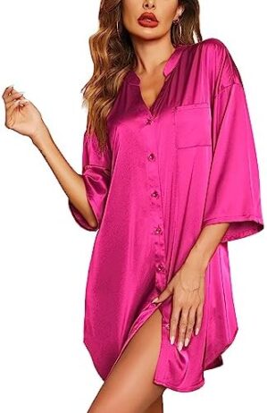 Ekouaer Satin Nightgowns for Women Silk Sleepwear Button Down Sleepshirt 3/4 Sleeve V-Neck Nightshirts with Pockets