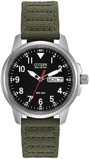 Citizen Men’s Sport Casual Garrison 3-Hand Day/Date Eco-Drive Nylon Strap Watch, Arabic Markers, 100 Meters Water Resistant, Luminous Hands and Markers