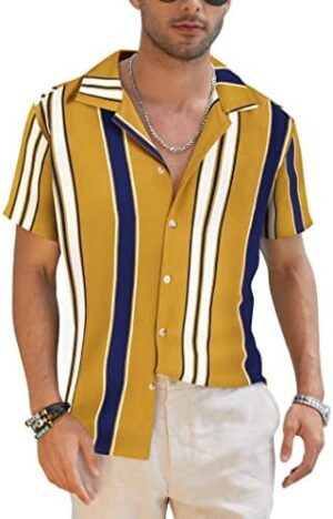 COOFANDY Mens Hawaiian Shirts Short Sleeve Striped Shirt Button Down Beach Shirts