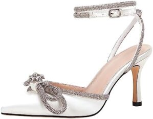 VETASTE Women’s Double Bow Pointed Toe Ankle Strap Crystal Pumps Wedding Bridal Party Stilettos Backless Satin Heeled Sandals